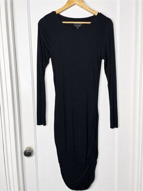 Good American Black Ruched Midi Dress Size 2 Long Sleeve Bodycon Stretch